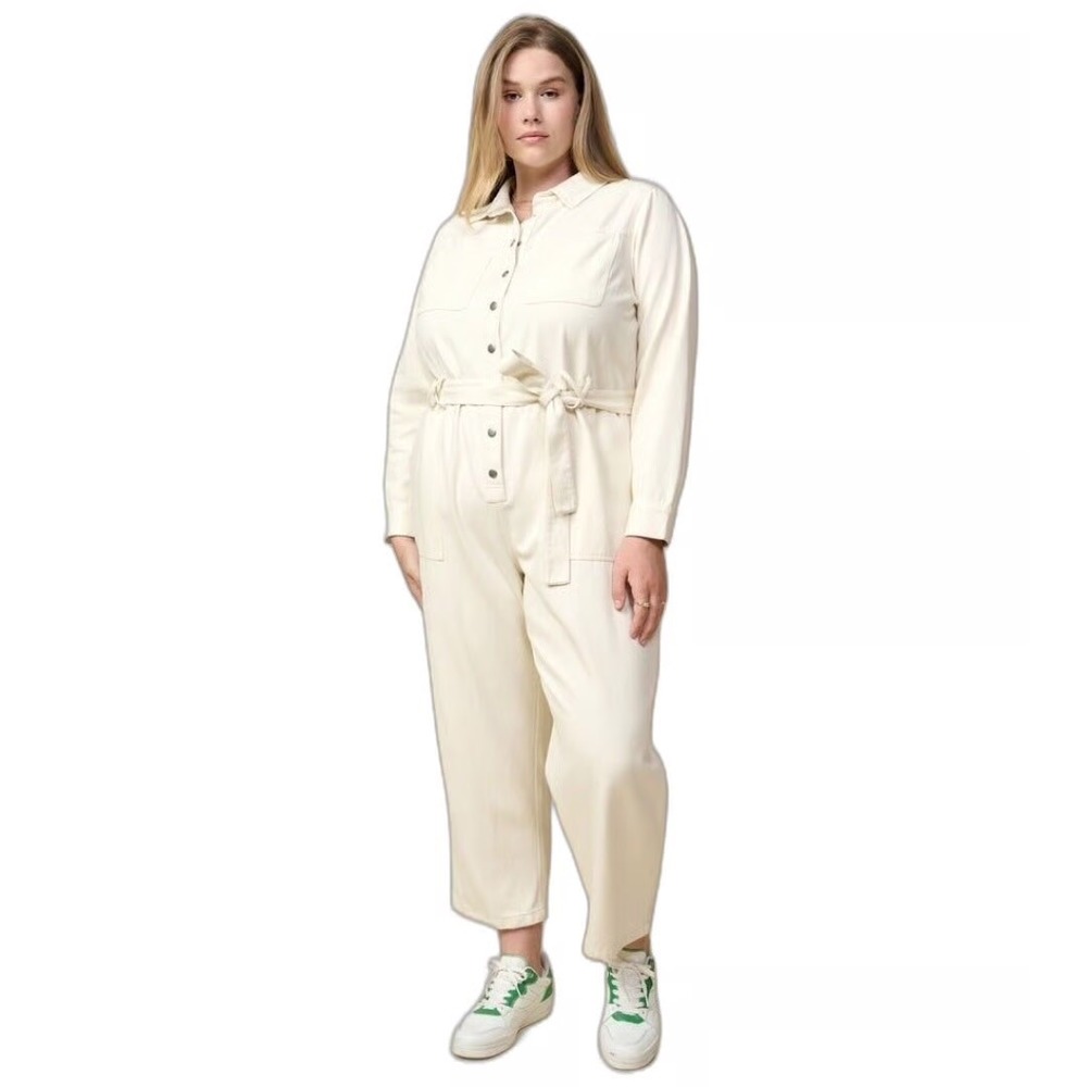 Skies Are Blue Cream Denim Utility Jumpsuit Button Up Waist Tie artsy boho indie